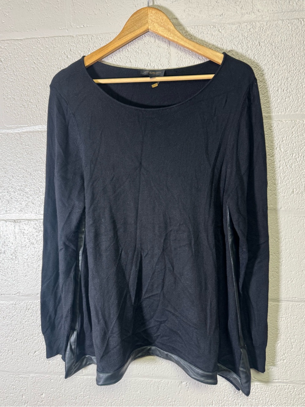 Donna Karan Black Long-Sleeve Scoop Neck Top with Leather-Trim Hemline